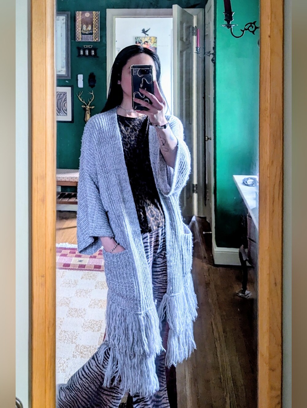 Melrose and Market Light Gray Fringe Open-Front Cardigan